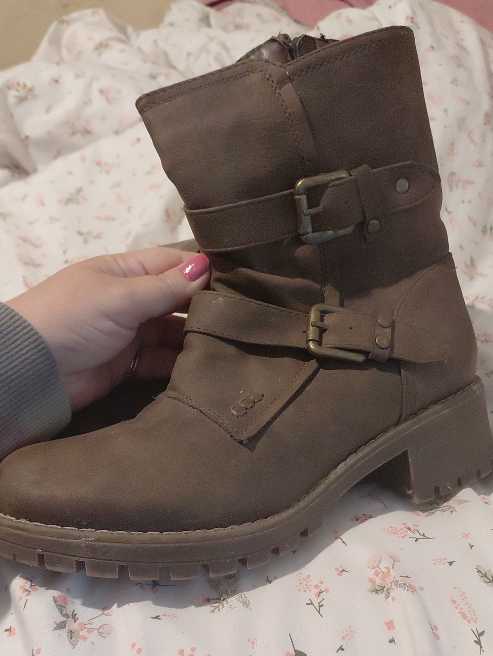 7.5 Global Win Brown Mid-Calf Buckle Heeled Boots